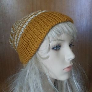Handmade Mustard double brim striped beanie